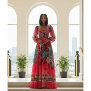 Floral queen goddess pink blue fuchsia bustier corset long sleeve maxi dress M 6